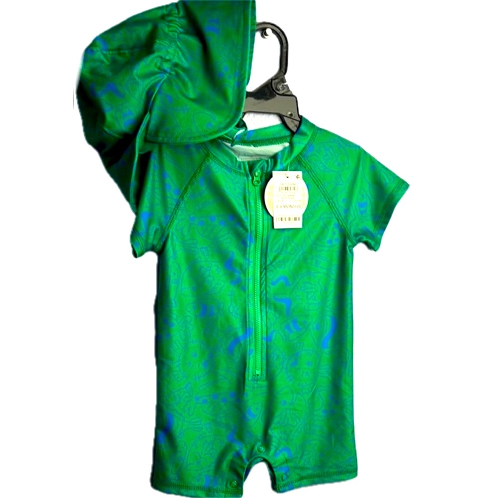First Impressions Green and Blue Kids Swim Rashguard Romper Bodysuit